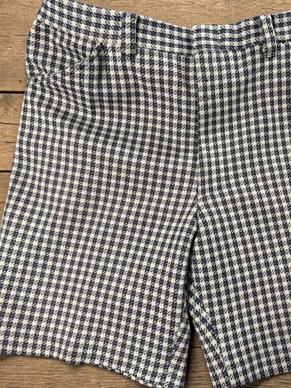Vintage 70s Mens Houndstooth Shorts Double Knit Navy Blue Cream Retro Mod 31 W